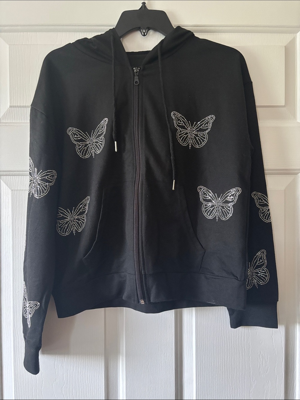 Women's Black Rhinestone Butterfly Zip Hoodie Jacket